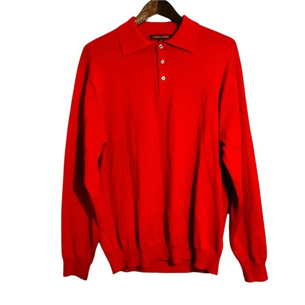 Linea Uomo Wool Polo Sweater Men Size XL Golf Collar Button Preppy Classic Red